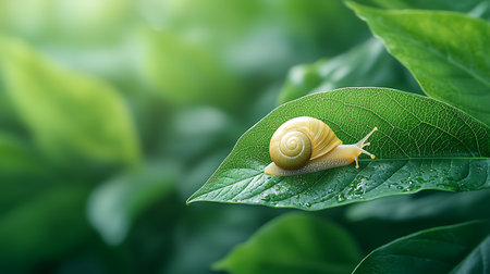 Snail crawling on green leaf on blurred nature background with copy space.の写真素材