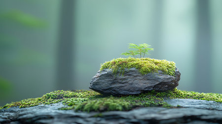 Small tree growing on a rock in the forest with green moss.の写真素材