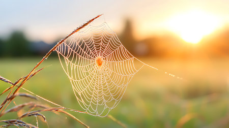 Spider web with dew drops at sunrise. Beautiful natural background.の写真素材