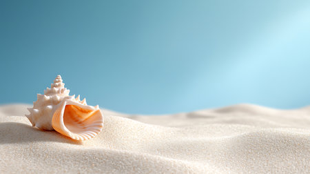 Seashell on the white sand with blue background. 3d renderingの写真素材