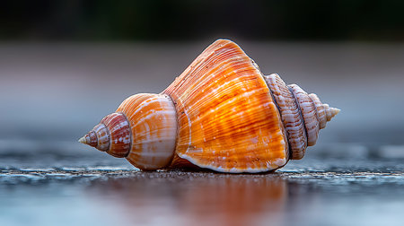 Beautiful seashell on a wet wooden table. Shallow depth of field.