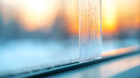 Icicle on the window at sunset. Close-up.の写真素材