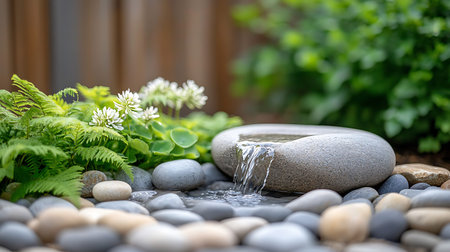 zen garden with water fountain and stones on a background of greenery