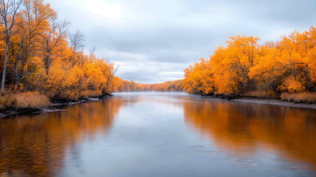 Autumn landscape of the river and the forest in yellow and orange colorsの写真素材