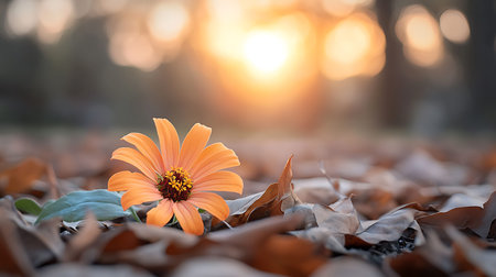 Orange flower on the ground and sunlight in the morning. Nature background