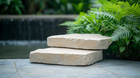 Stone stairs in the garden with green plant background, selective focus.の写真素材