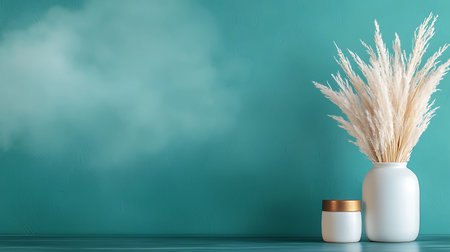Mockup of jar with dried pampas grass on turquoise background