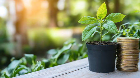 Plant growing on stack of coins with bokeh background.