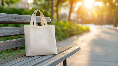 Eco bag on wooden bench in the park with sunlight background.の写真素材