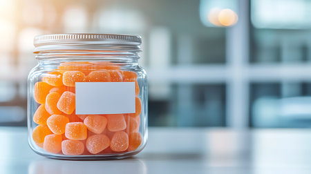Orange candies in a glass jar with blank label for your textの写真素材