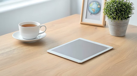 Tablet pc with blank screen and cup of tea on wooden table