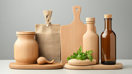 Wooden kitchen utensils on white table, 3d render
