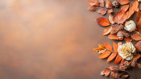Autumn leaves and flowers on brown background. Flat lay, top view.の写真素材