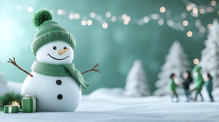 Snowman in a green hat and scarf on a background of Christmas treesの写真素材