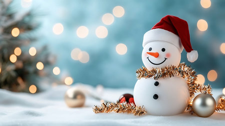 Snowman with Christmas decoration on bokeh background, closeupの写真素材