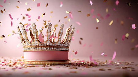Golden crown on a pink background with confetti. 3d renderingの写真素材