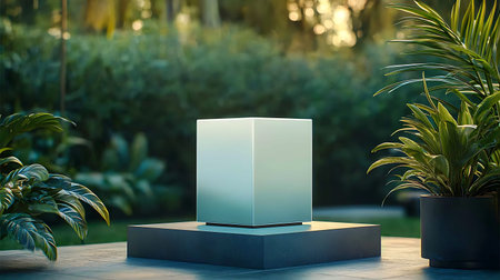 Blank product stand in the garden at sunset. 3d rendering.