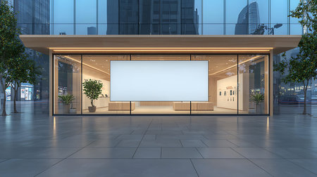 3D rendering of a modern office building with a blank billboard on the wall.