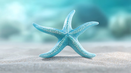 Blue starfish in the sand. 3d render. Ocean backgroundの写真素材