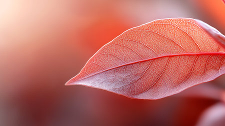Close up of red leaf on blurred nature background. Copy space.の写真素材