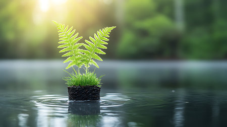 Young fern growing in the water with sunlight background. Concept of ecology and environment.の写真素材