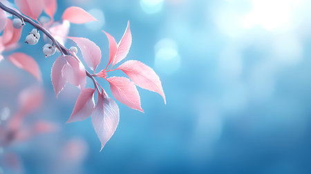 Autumn background with pink and blue leaves and bokeh effect