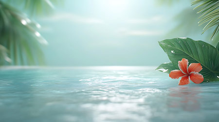3D render of tropical flower floating in the pool with copy spaceの写真素材