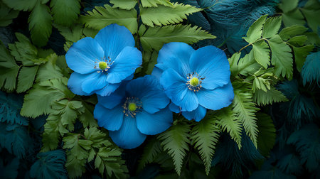 Blue Anemone flowers on green leaves background. Copy space.の写真素材