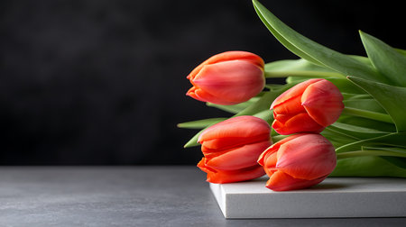 Red tulips on a black background with copy space for your textの写真素材