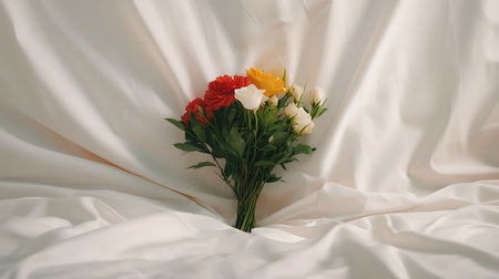 Bouquet of red and yellow carnation flowers on white fabricの写真素材