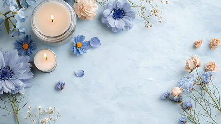 Beautiful flowers and candles on light blue background, flat lay. Space for textの写真素材