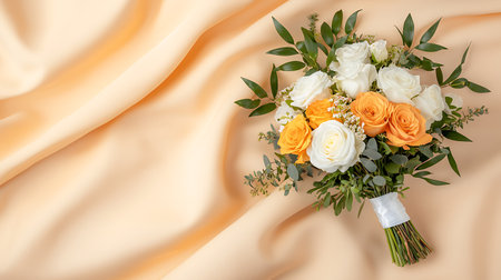 Wedding bouquet on beige silk background, top viewの写真素材