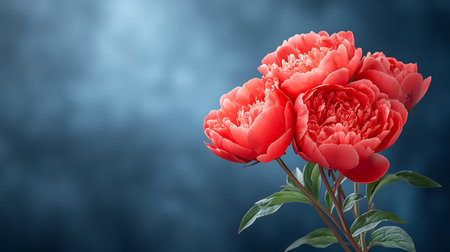 Bouquet of red peonies on a blue background. Copy space.の写真素材
