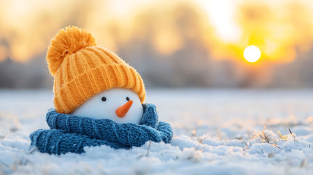 Snowman in a knitted hat and scarf on the background of a winter sunsetの写真素材