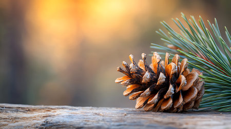 Pine cone on a wooden table in the forest.