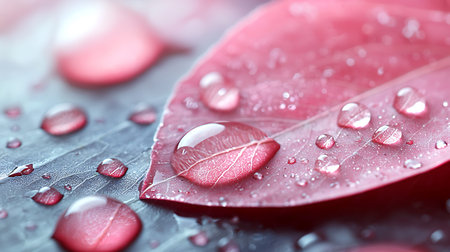 Water drops on red leaf, closeup. Rainy day conceptの写真素材