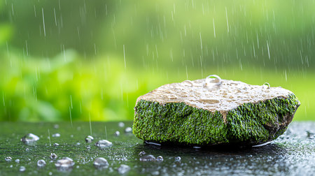 Raindrops falling on a wooden stump with green moss and blurred backgroundの写真素材
