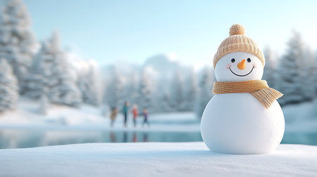Snowman on the background of winter landscape. 3d rendering.の写真素材