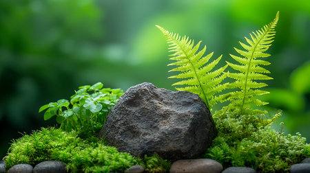 Green moss and fern on stone in the garden, stock photoの写真素材