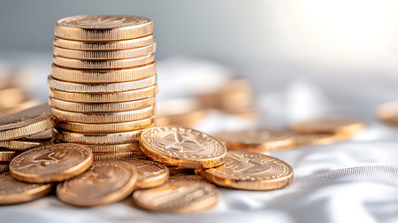 Stack of gold coins on white fabric background, business and finance concept idea.の写真素材