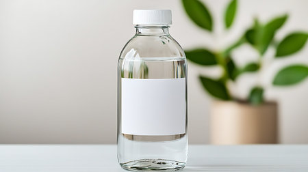 Bottle of water with blank label on white table against blurred background