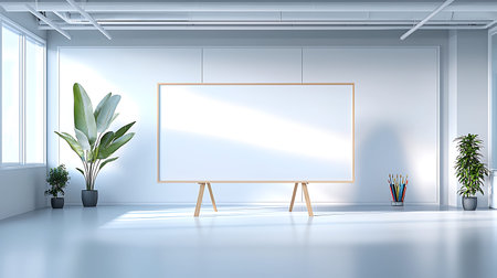 Interior of modern office with white walls, concrete floor, panoramic window with green plants and...