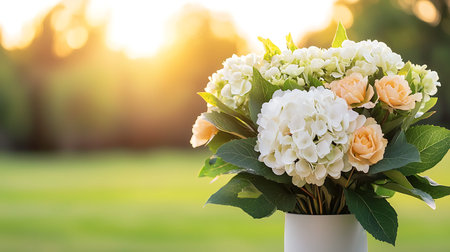 Bouquet of white and yellow hydrangea flowers in a vase.