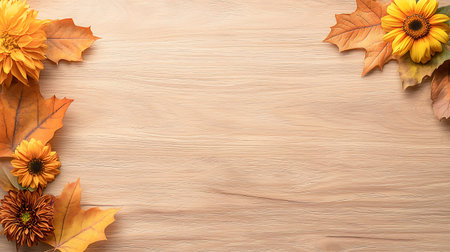 Autumn leaves and flowers on wooden background. Top view with copy space