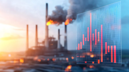 Double exposure of stock market graph and power plant at sunset background.