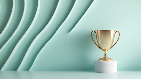 3d render of golden trophy cup on turquoise background.の写真素材