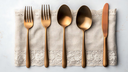 Set of golden cutlery on linen napkin, top viewの写真素材
