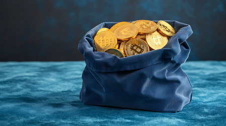 Blue bag full of golden bitcoins on a blue background. 3d illustrationの写真素材