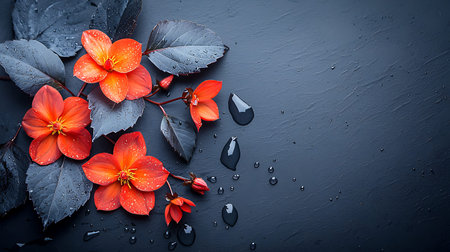 Beautiful red flowers with water drops on black background. Copy spaceの写真素材