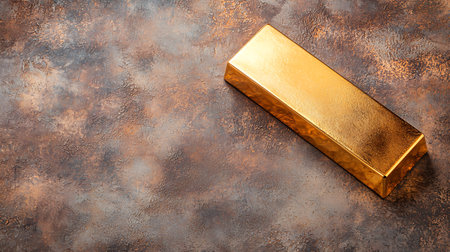 Gold bar on textured background. Top view with copy space.の写真素材